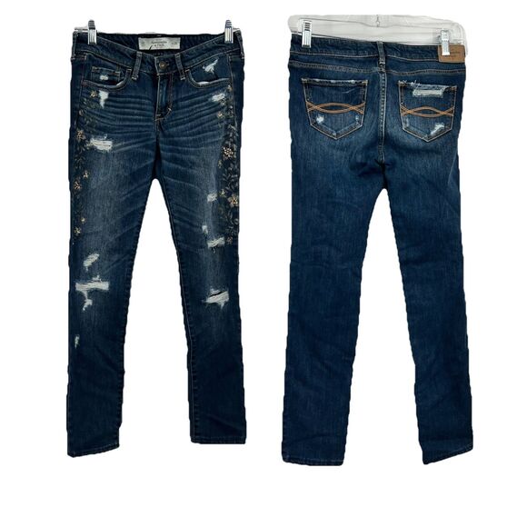 Womens ABERCROMBIE & FITCH Dark Wash Skinny Slim Low Rise Jeans 00 24” Floral - Picture 1 of 16